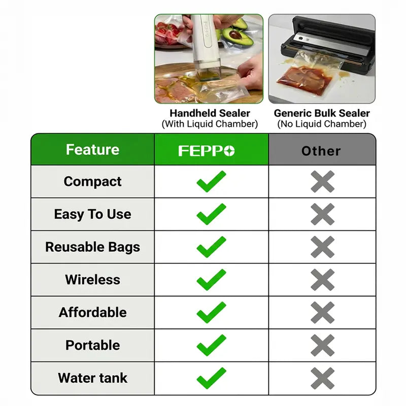 Vacuum Sealer for Food with Visual Water Storage Tank, Handheld Saver Vacuum Sealer Machine with 10 Reusable Bags for 5X Preservation & Fresh